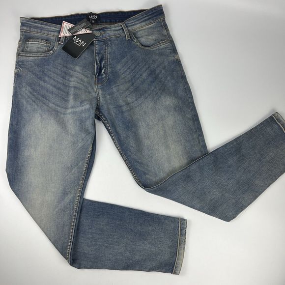 BooHooMan Stretch Skinny Jeans Men’s 38X29.5 Blue Vintage Wash NWT Button Fly - Picture 5 of 15